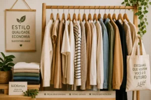 Um cabideiro moderno com roupas novas e seminovas organizadas em tons neutros, transmitindo qualidade, estilo e sustentabilidade.